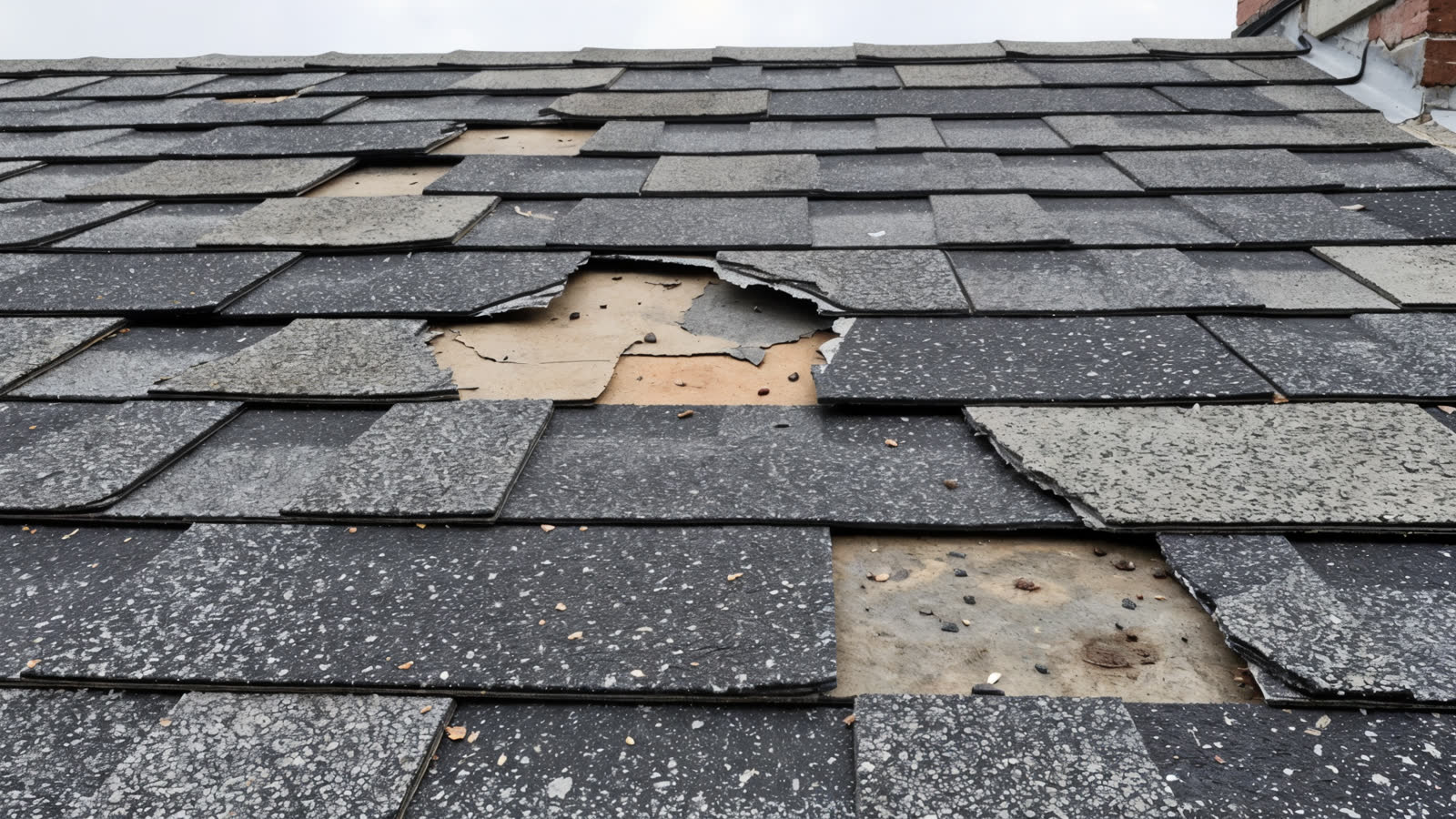 Worn-out, damaged asphalt shingle roof before replacement