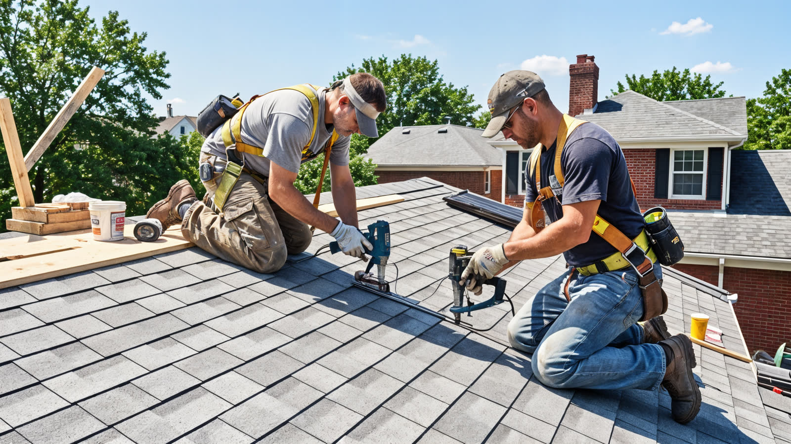 Roofing crew installing new architectural shingles