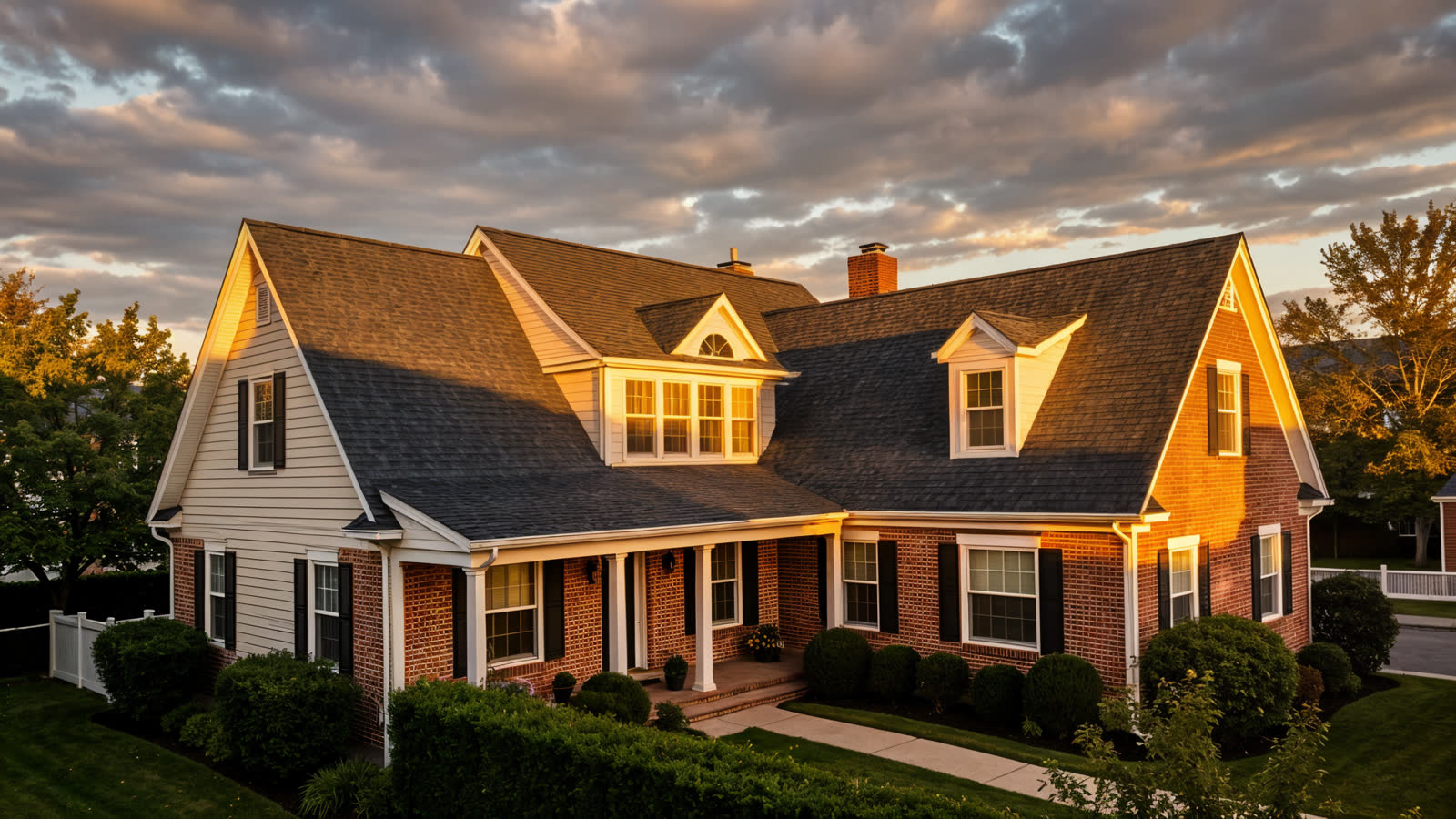 New architectural shingle roof on a home at golden hour